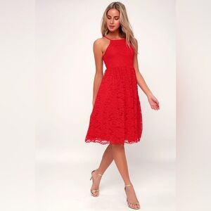 Lulus Red Lace Sleeveless Fit & Flare Midi Dress Women’s Medium